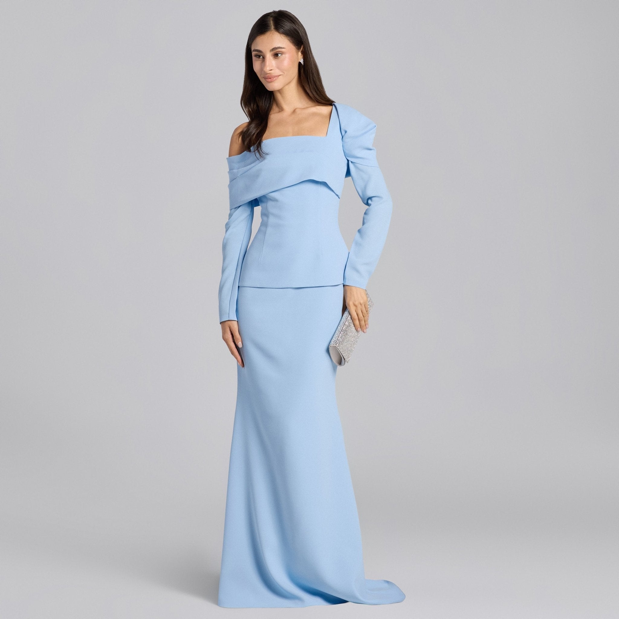 Baby Blue Crepe Off Shoulder Draped Maxi Dress - shopaleena