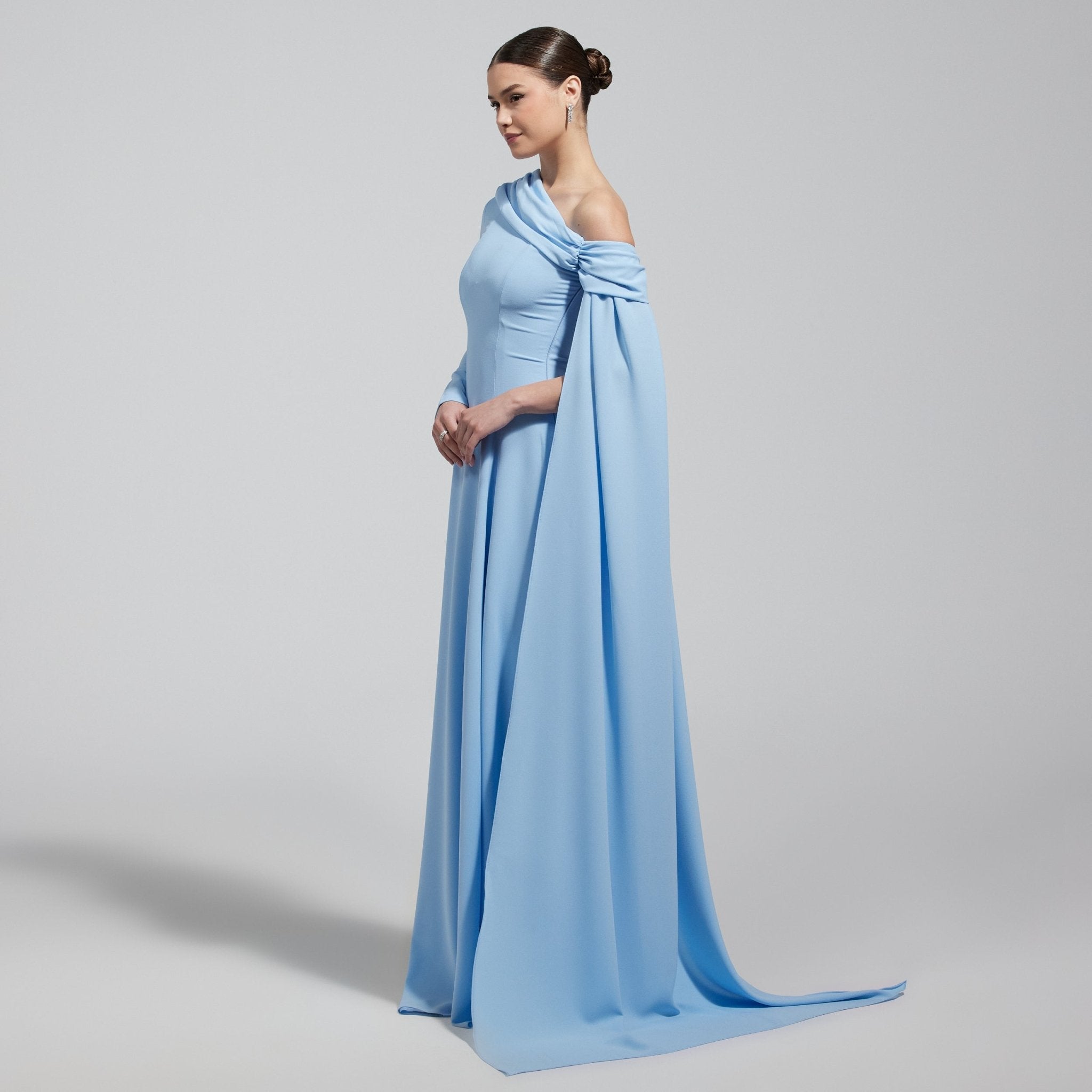 Baby Blue One Shoulder Crepe Maxi Dress with Drape Sleeve - shopaleena