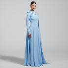 Baby Blue One Shoulder Crepe Maxi Dress with Drape Sleeve - shopaleena