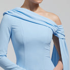 Baby Blue One Shoulder Crepe Maxi Dress with Drape Sleeve - shopaleena