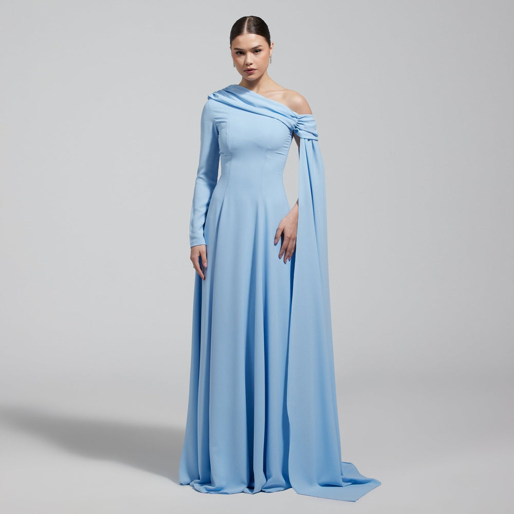 Baby Blue One Shoulder Crepe Maxi Dress with Drape Sleeve - shopaleena