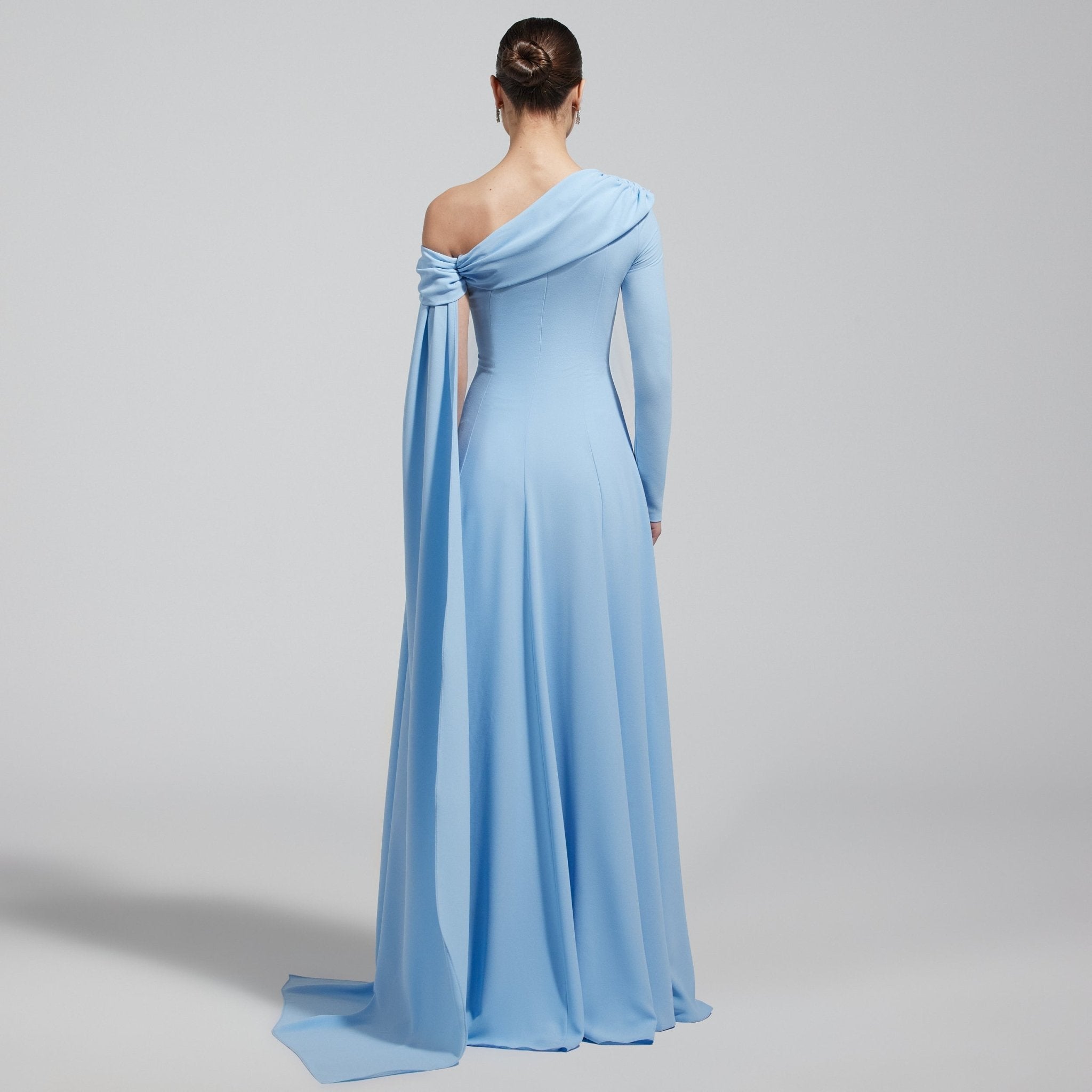 Baby Blue One Shoulder Crepe Maxi Dress with Drape Sleeve - shopaleena