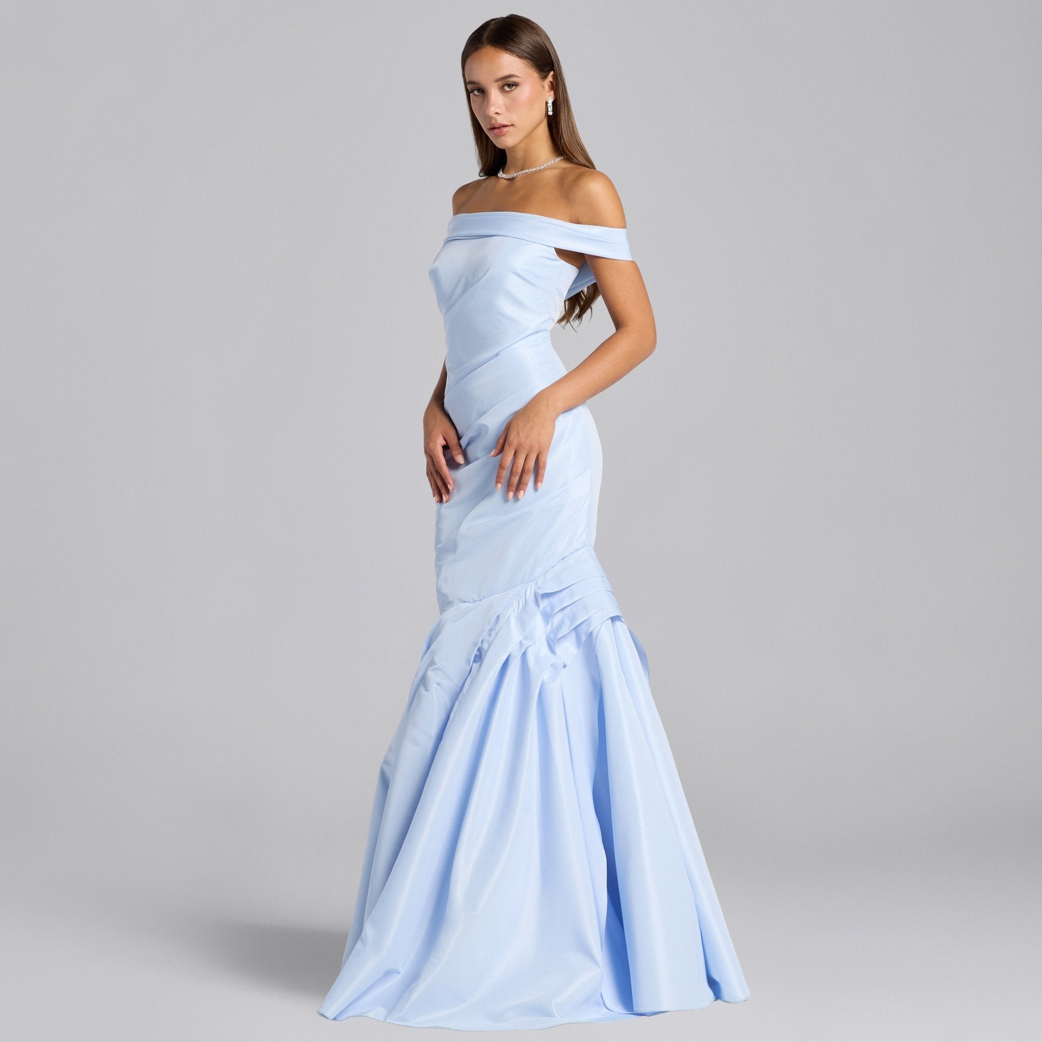 Baby Blue Taffeta Off Shoulder Dress with Ruffled Hem - shopaleena