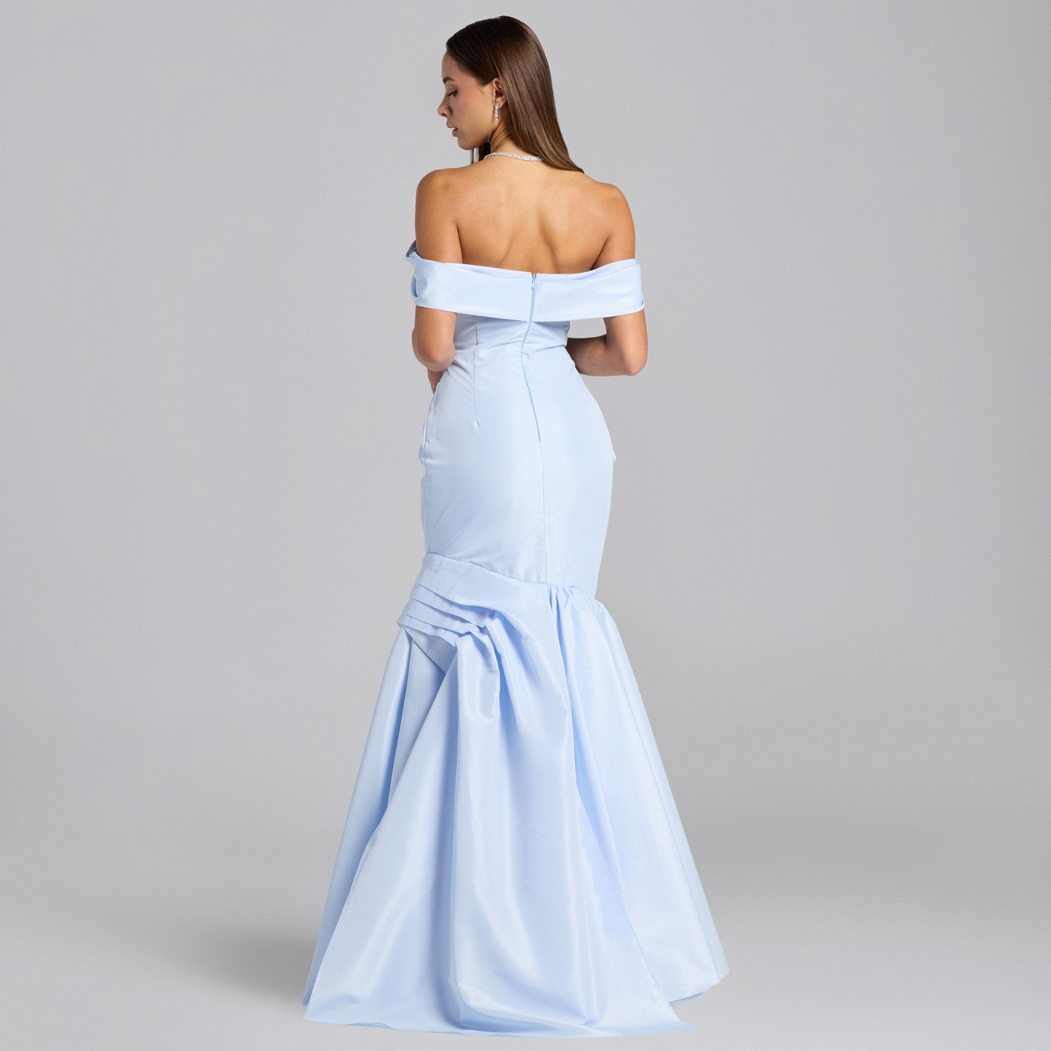 Baby Blue Taffeta Off Shoulder Dress with Ruffled Hem - shopaleena