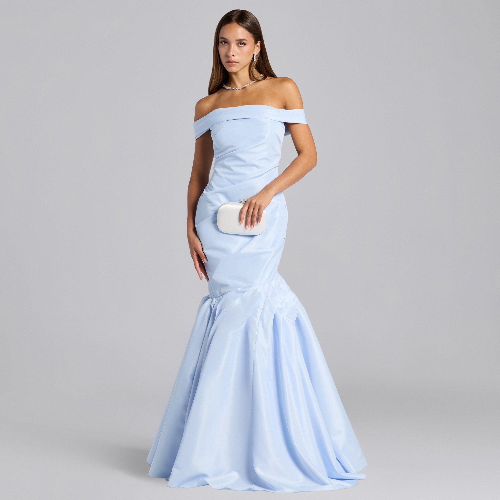 Baby Blue Taffeta Off Shoulder Dress with Ruffled Hem - shopaleena
