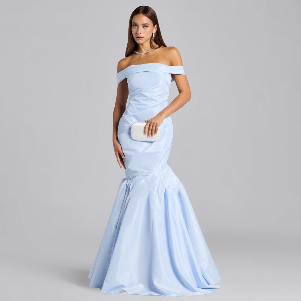 Baby Blue Taffeta Off Shoulder Dress with Ruffled Hem shopaleena Baby Blue Taffeta Off Shoulder Dress with Ruffled Hem shopaleena