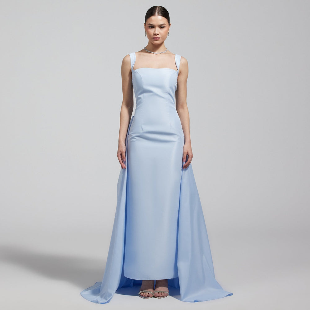 Baby Blue Taffeta Straight Gown with Back Overlay - shopaleena