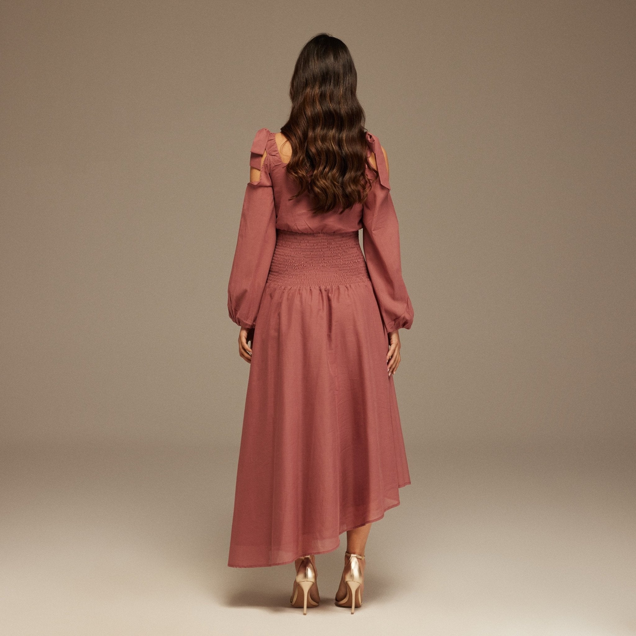 Balloon Long Sleeve With Ruched Waist Midi Dress - shopaleena