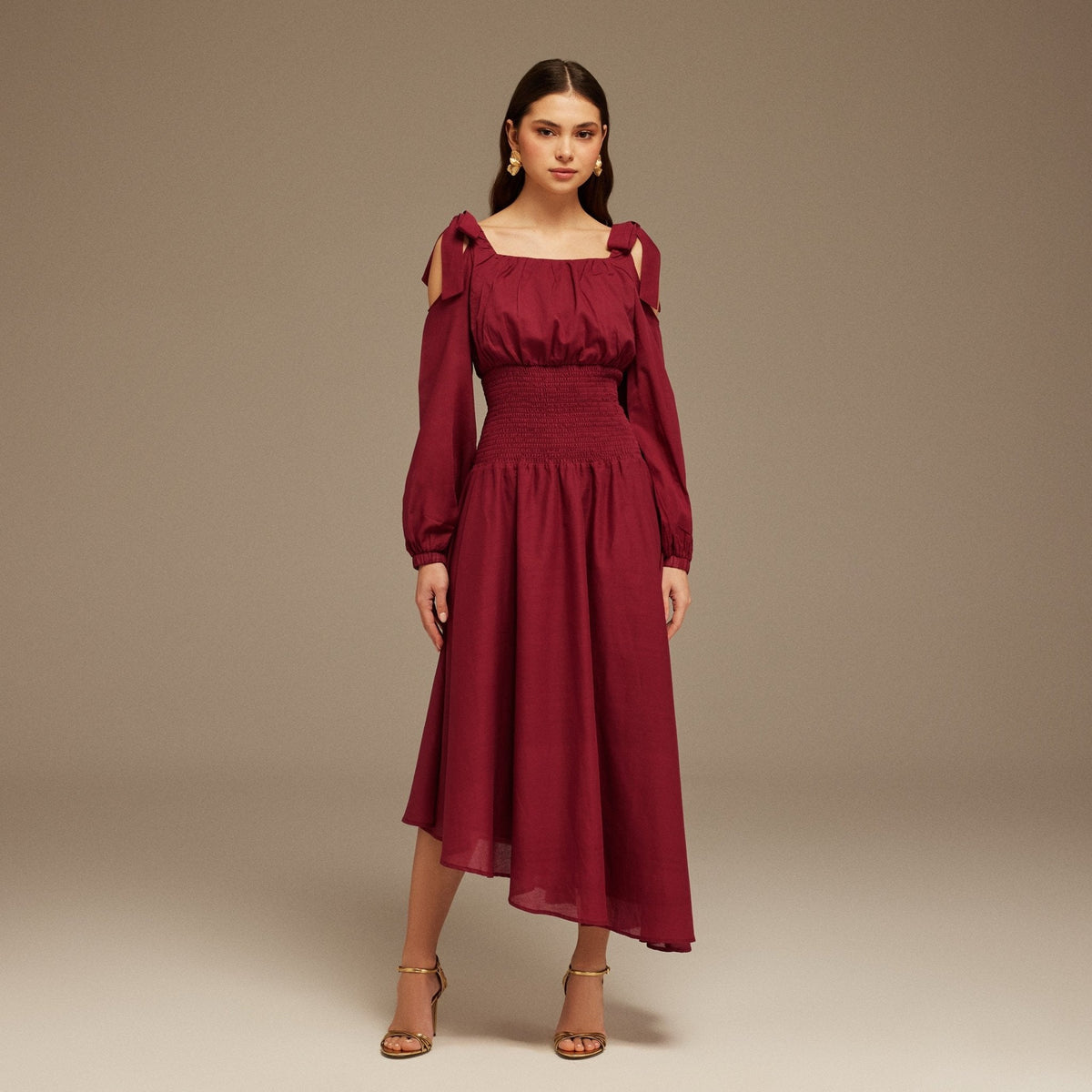 Balloon Long Sleeve With Ruched Waist Midi Dress - shopaleena