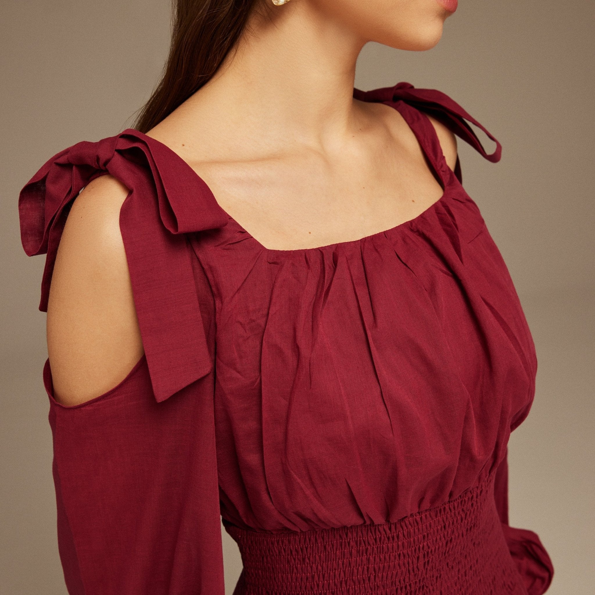 Balloon Long Sleeve With Ruched Waist Midi Dress - shopaleena