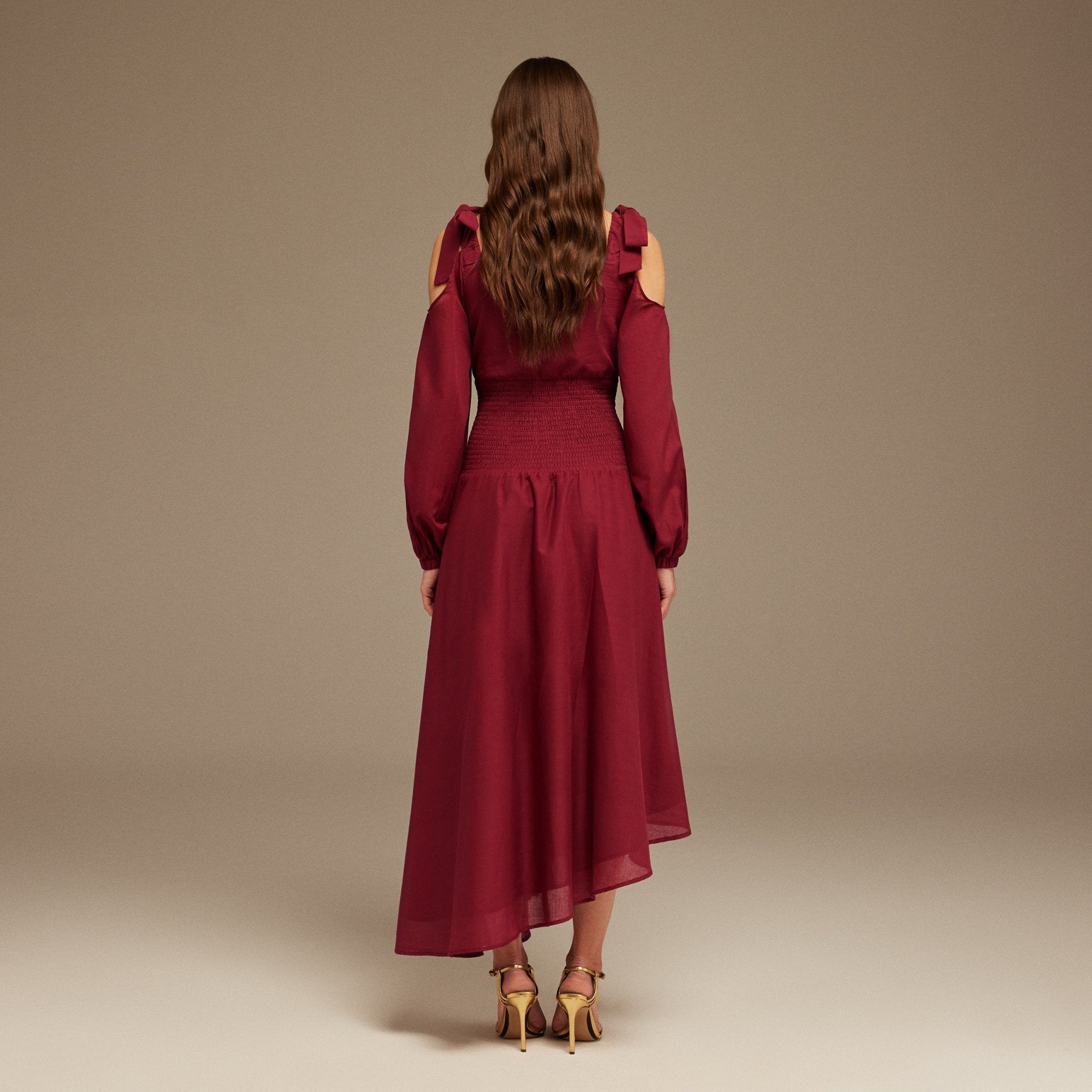Balloon Long Sleeve With Ruched Waist Midi Dress - shopaleena