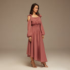 Balloon Long Sleeve With Ruched Waist Midi Dress - shopaleena