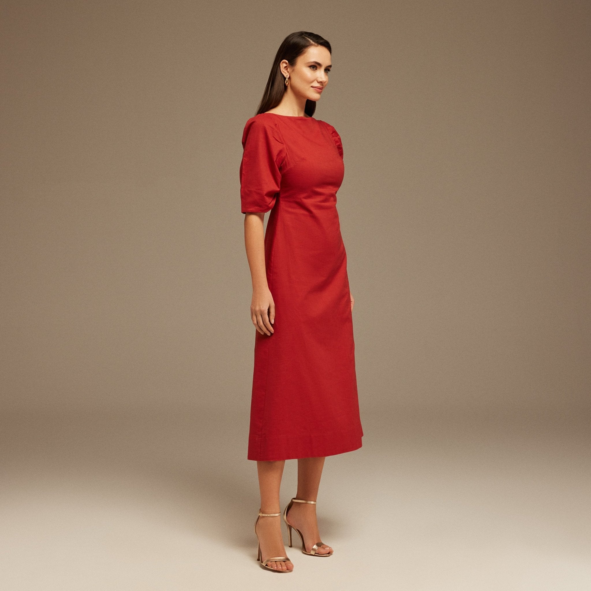 Balloon Sleeve Linen Cotton Midi Dress - shopaleena