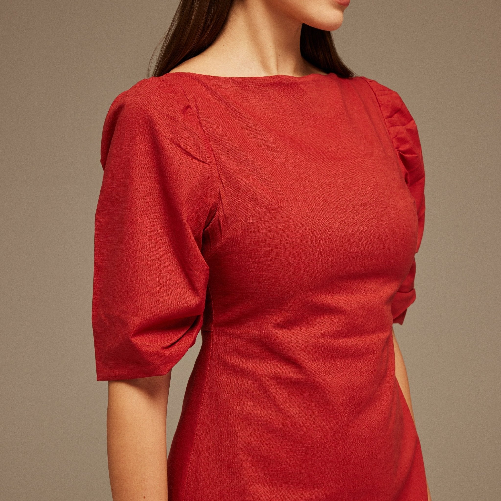 Balloon Sleeve Linen Cotton Midi Dress - shopaleena