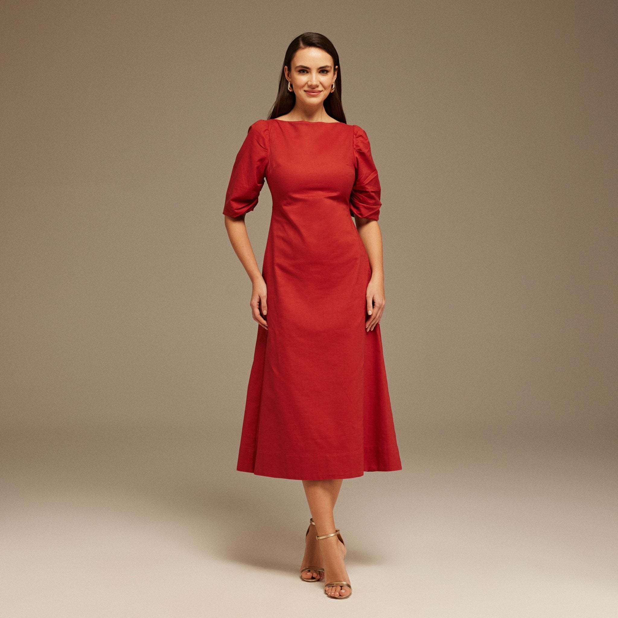 Balloon Sleeve Linen Cotton Midi Dress - shopaleena