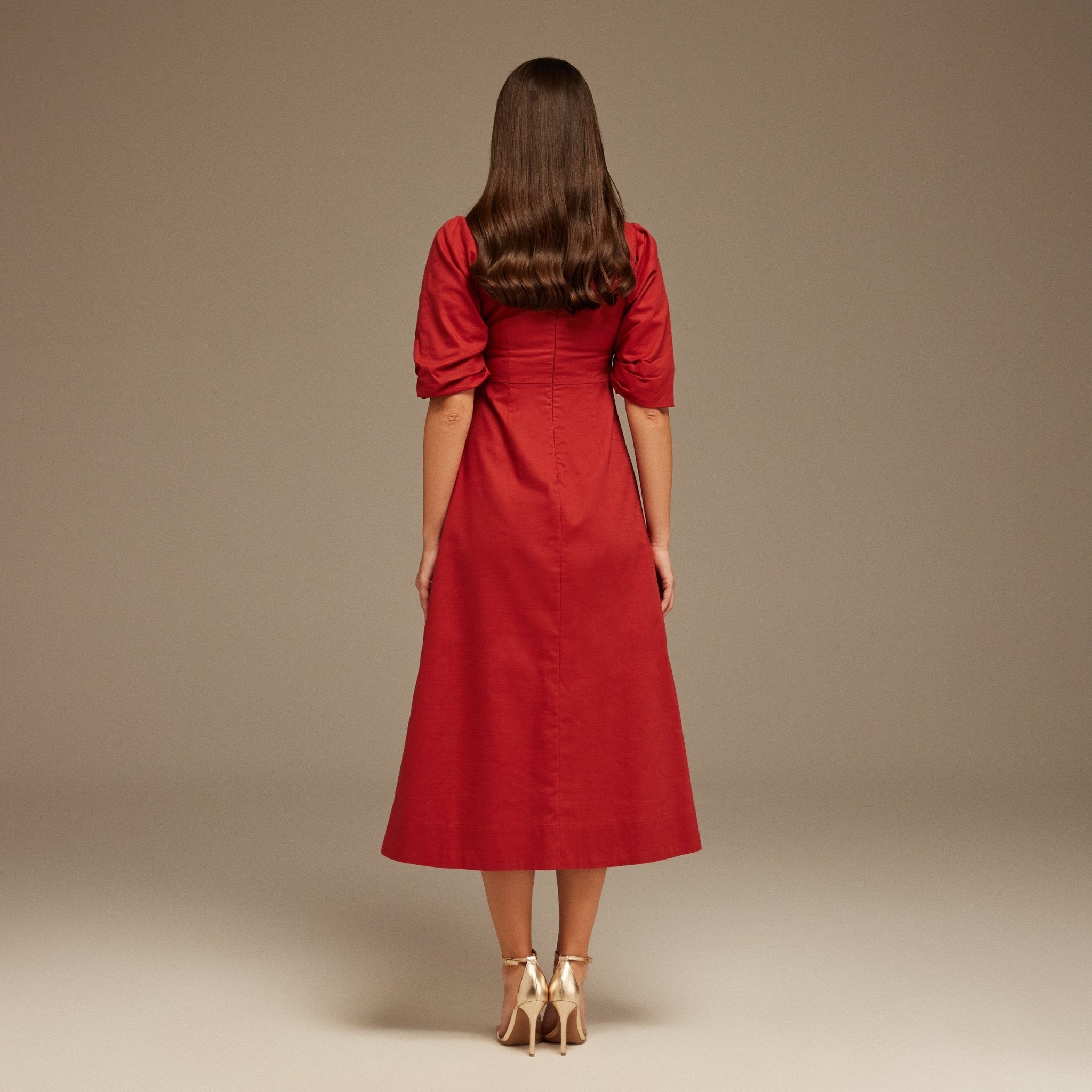 Balloon Sleeve Linen Cotton Midi Dress - shopaleena