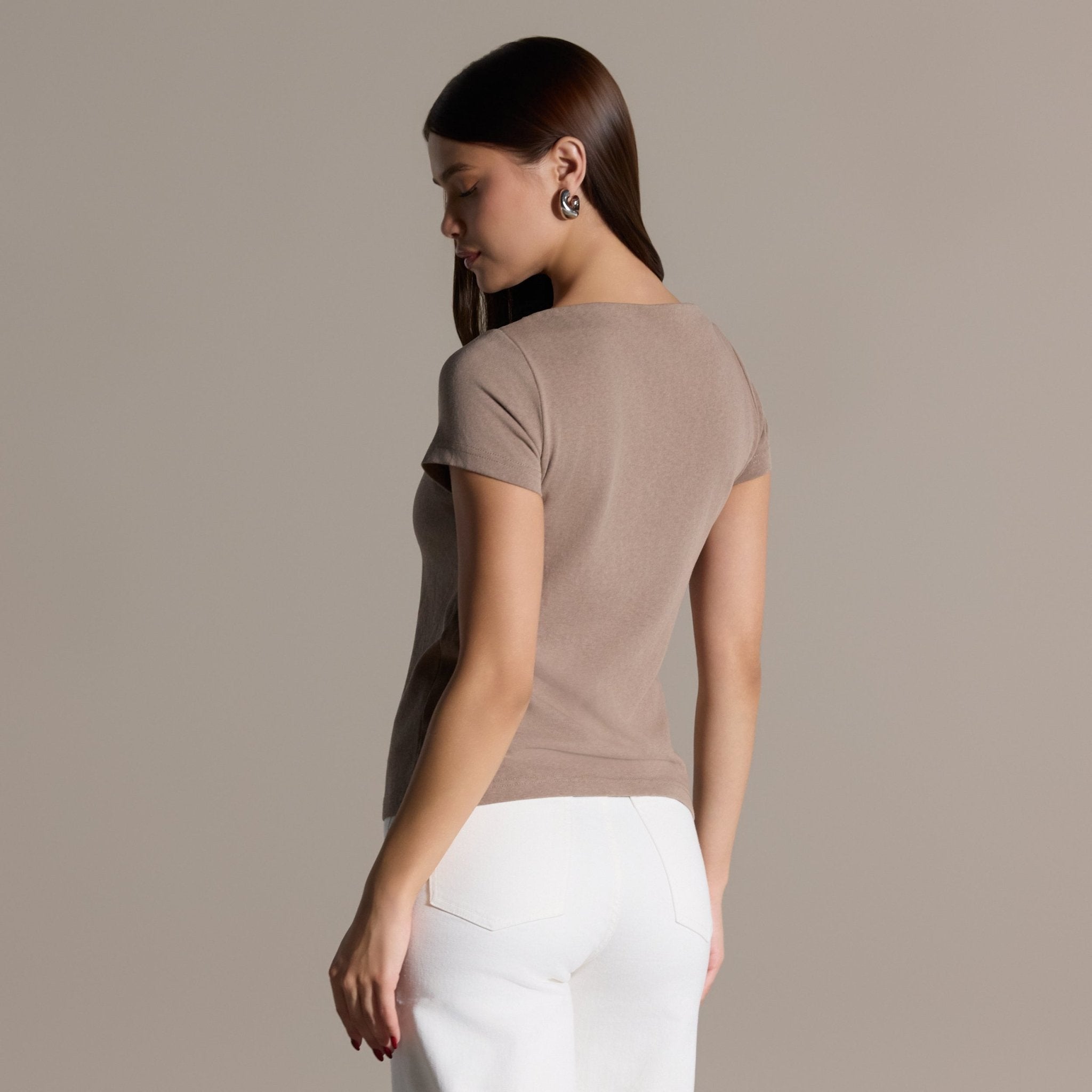 Beige Boat Neck Fitted Top - shopaleena