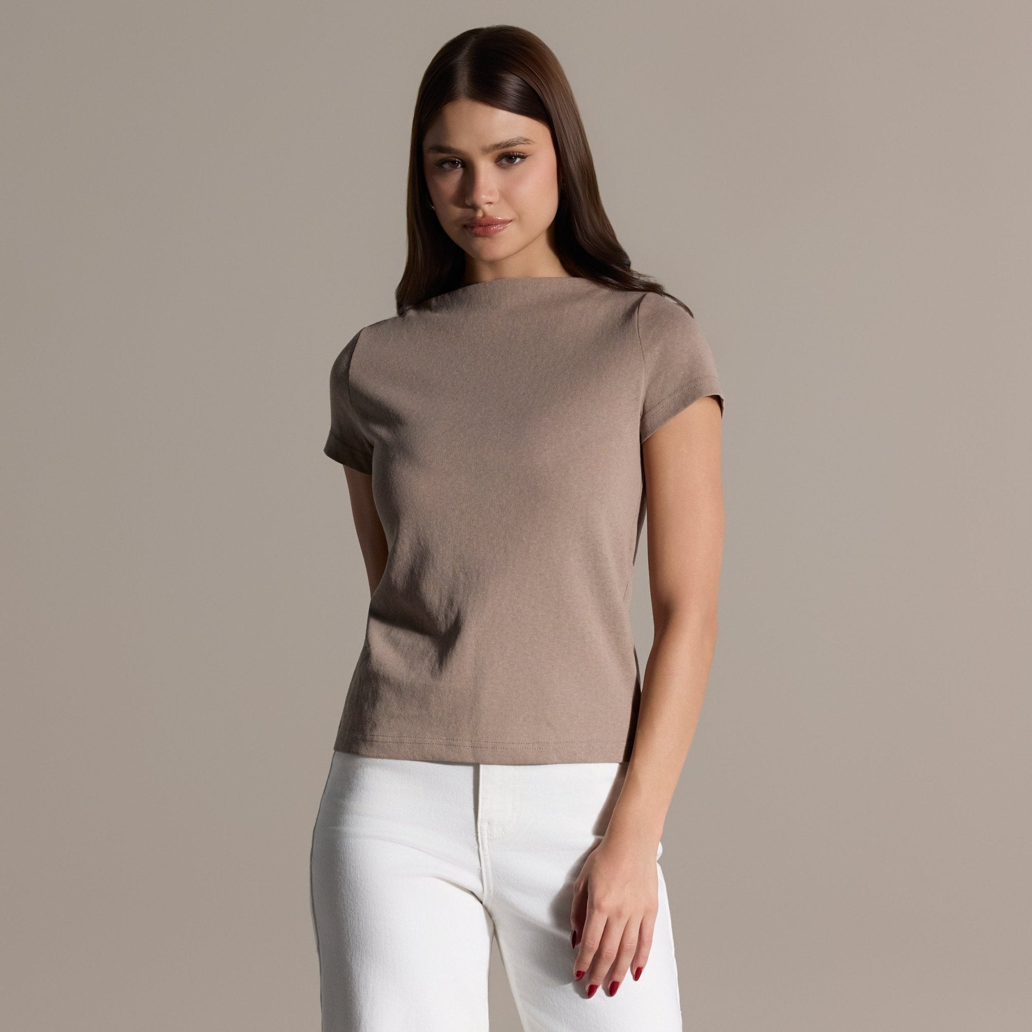 Beige Boat Neck Fitted Top - shopaleena