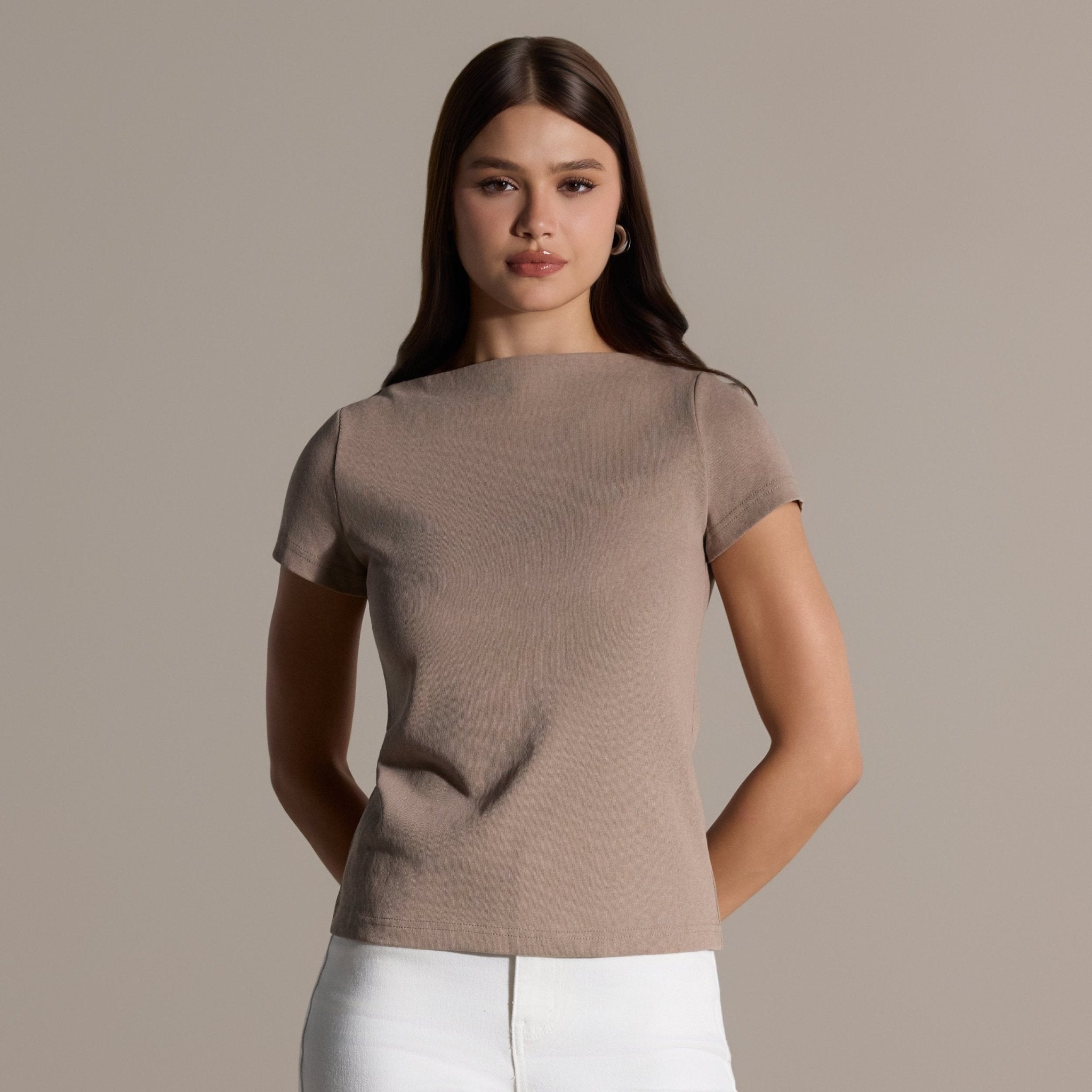 Beige Boat Neck Fitted Top - shopaleena