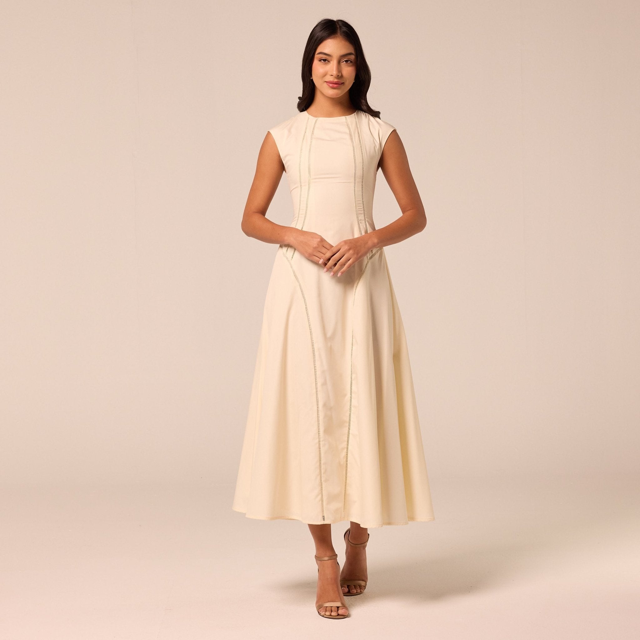 Beige Cap Sleeve Cutwork Maxi Dress - shopaleena