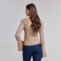 Beige Cotton Square Neck Long Sleeve Top - shopaleena