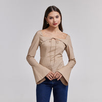 Beige Cotton Square Neck Long Sleeve Top - shopaleena