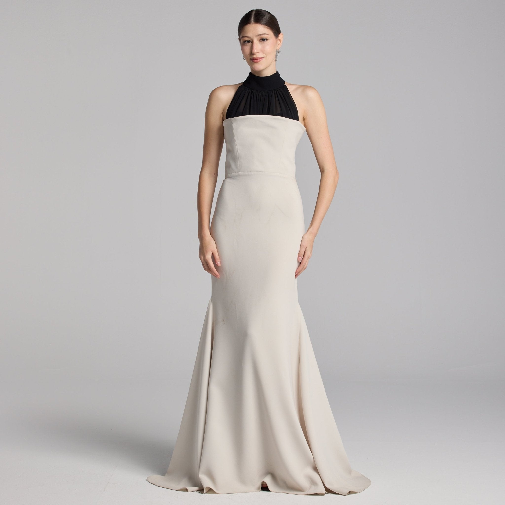 Beige Crepe Gown with Black Chiffon Scarf - shopaleena