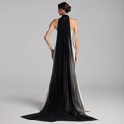 Beige Crepe Gown with Black Chiffon Scarf - shopaleena