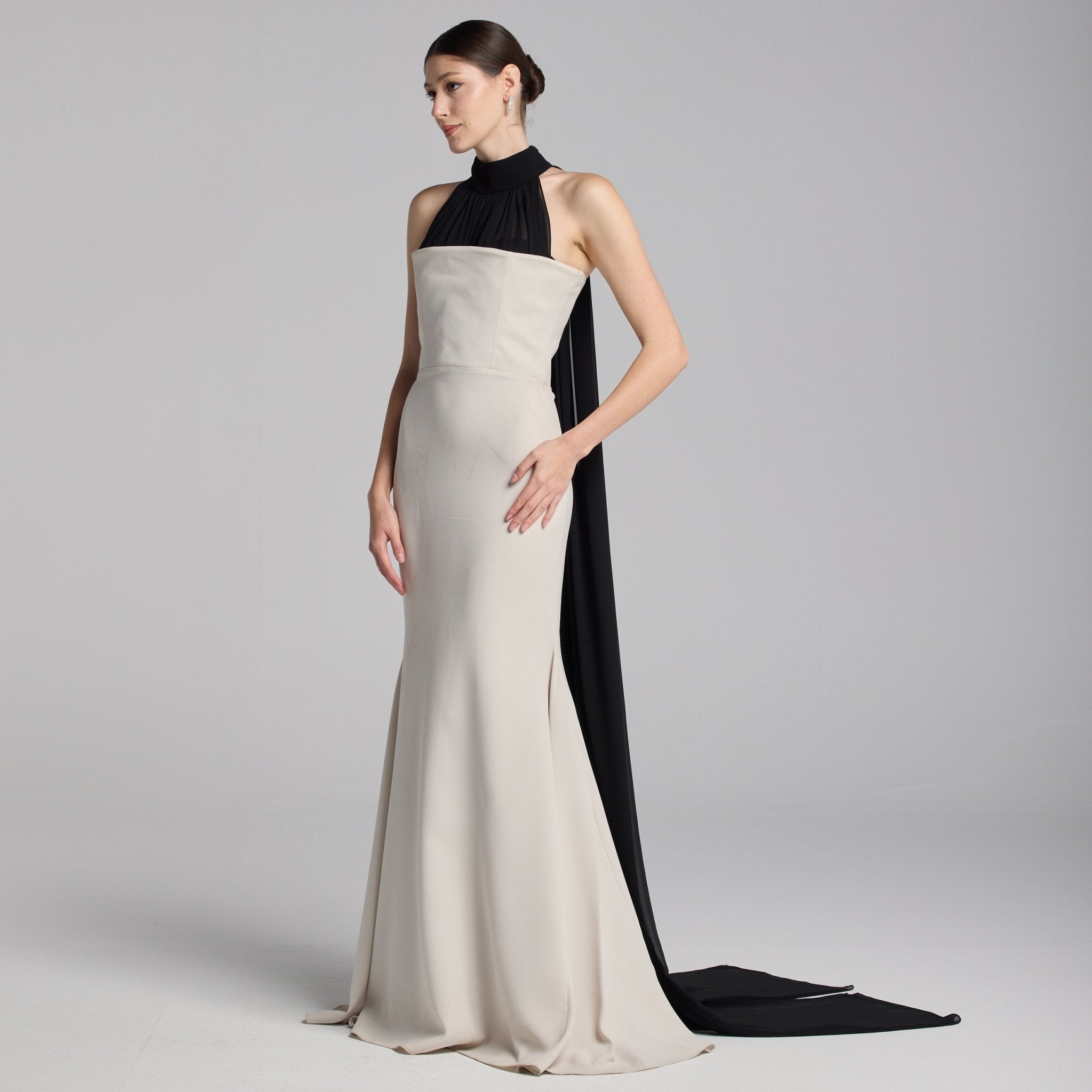 Beige Crepe Gown with Black Chiffon Scarf - shopaleena