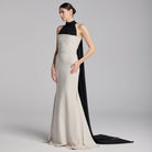 Beige Crepe Gown with Black Chiffon Scarf - shopaleena