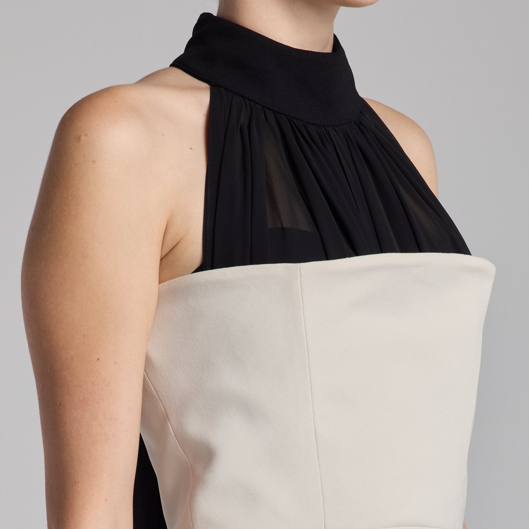 Beige Crepe Gown with Black Chiffon Scarf - shopaleena