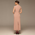 Beige Draped Shoulder Short Sleeve Midi Dress - shopaleena