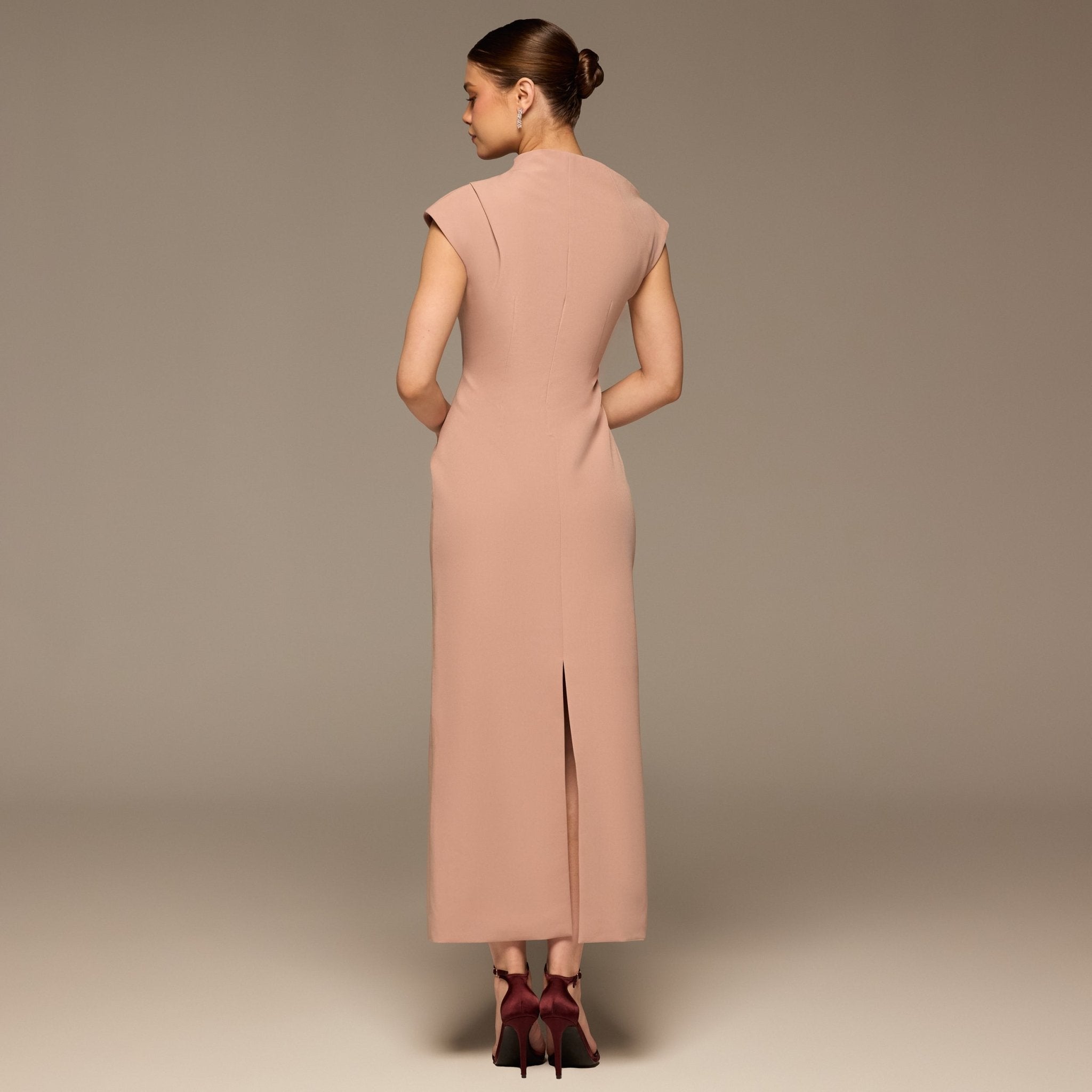 Beige Draped Shoulder Short Sleeve Midi Dress - shopaleena