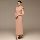 Beige Draped Shoulder Short Sleeve Midi Dress - shopaleena