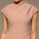 Beige Draped Shoulder Short Sleeve Midi Dress - shopaleena