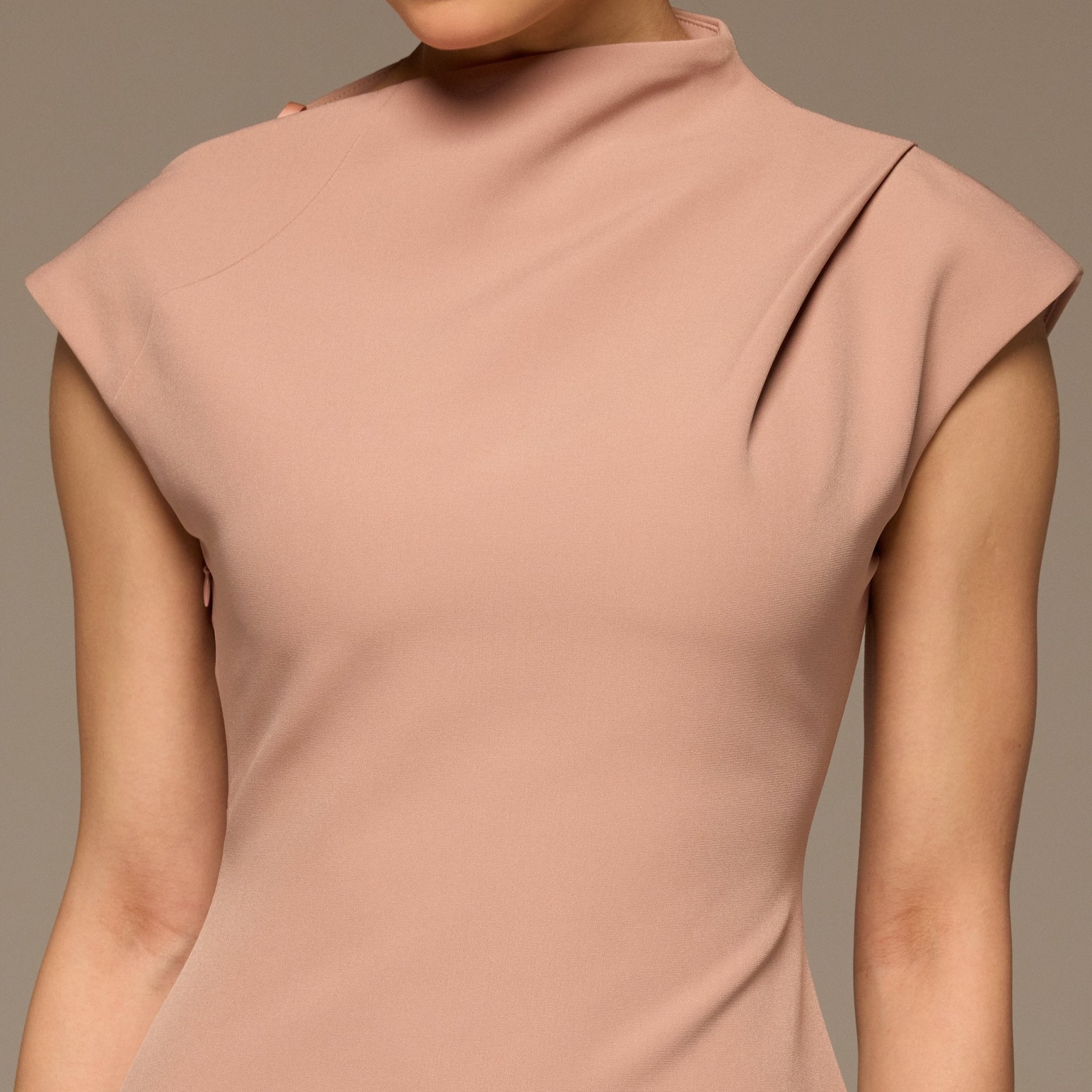 Beige Draped Shoulder Short Sleeve Midi Dress - shopaleena