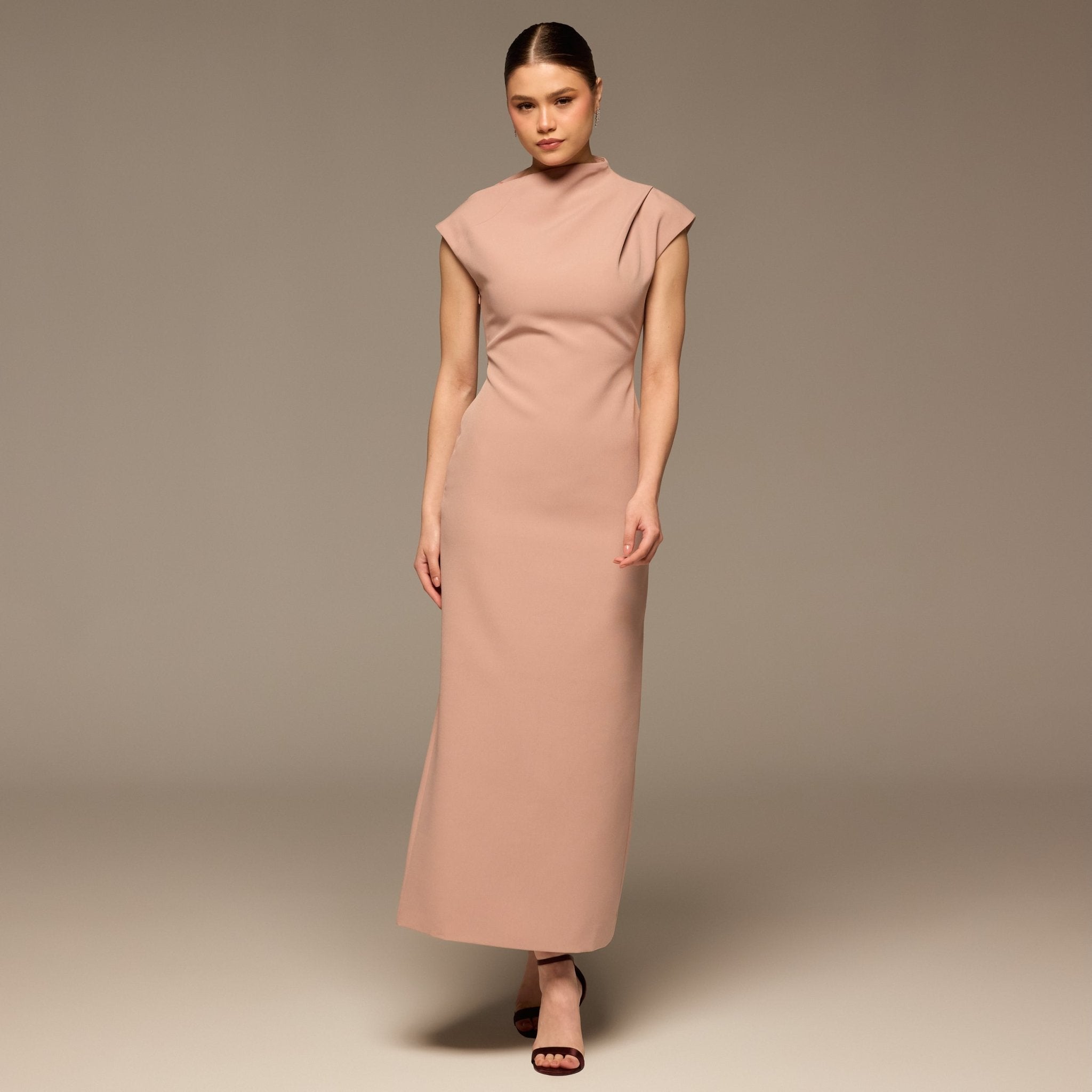 Beige Draped Shoulder Short Sleeve Midi Dress - shopaleena