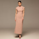 Beige Draped Shoulder Short Sleeve Midi Dress - shopaleena