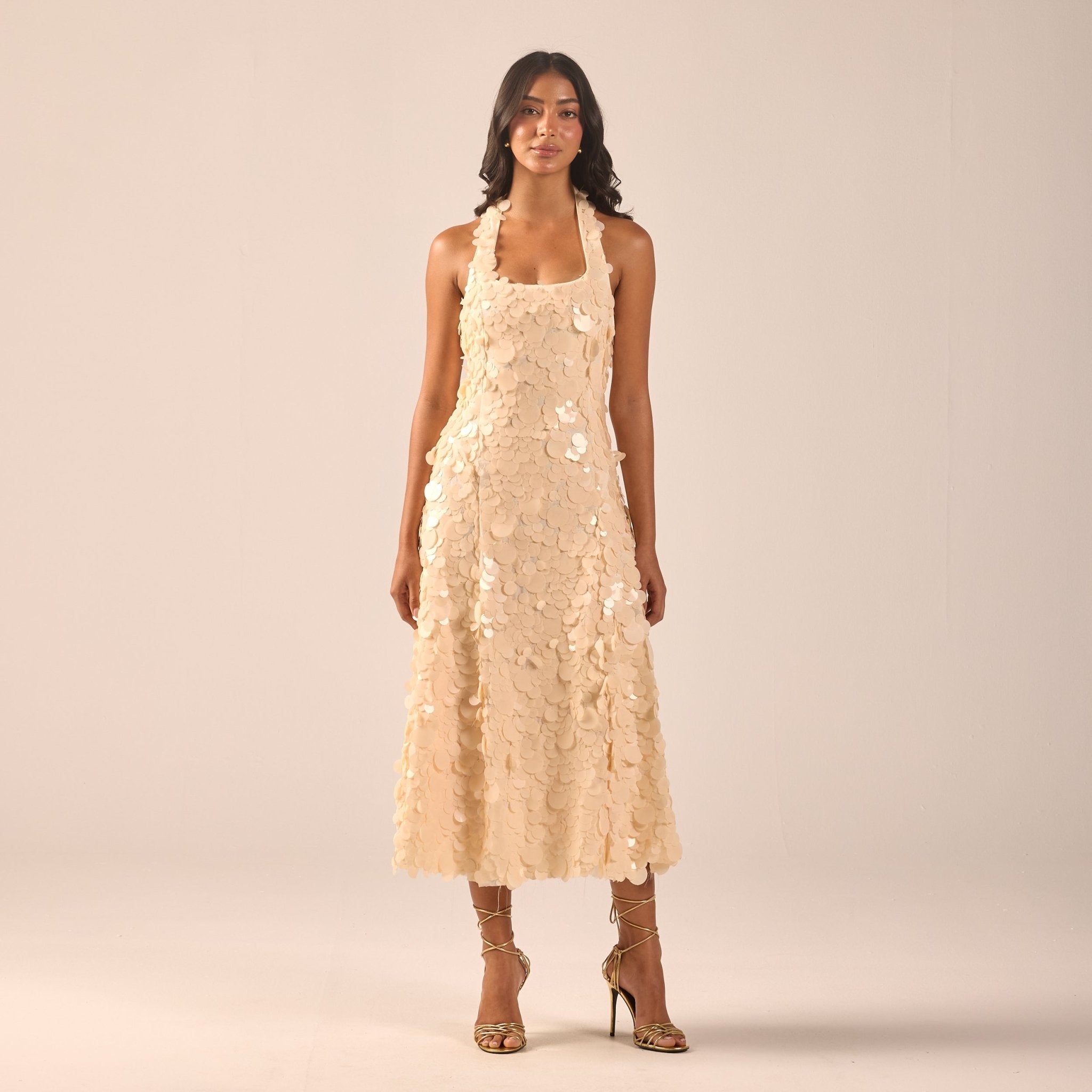 Beige Embellished Halter Neck Sequin Midi Dress - shopaleena