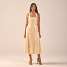 Beige Embellished Halter Neck Sequin Midi Dress - shopaleena