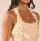 Beige Embellished Halter Neck Sequin Midi Dress - shopaleena