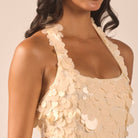 Beige Embellished Halter Neck Sequin Midi Dress - shopaleena