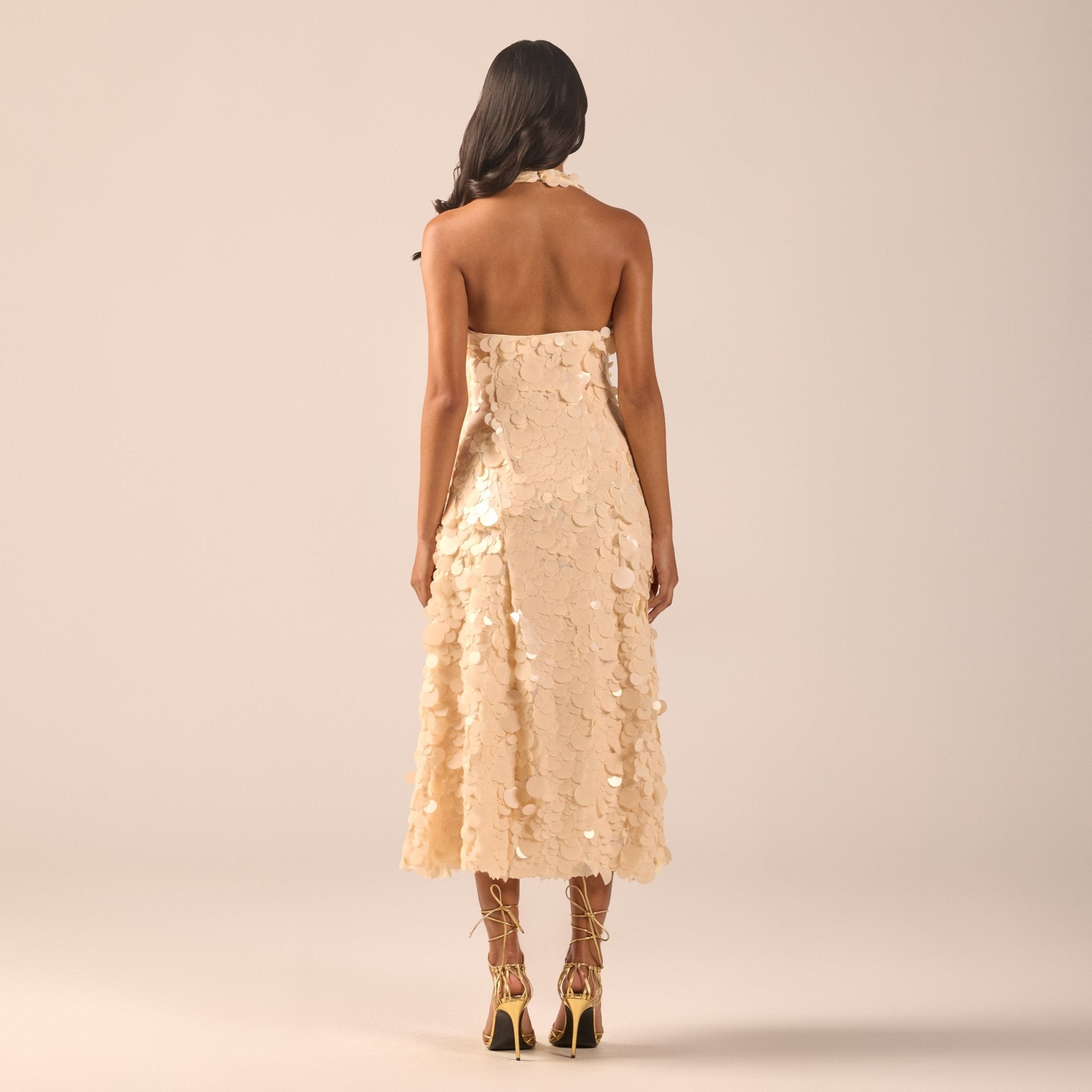 Beige Embellished Halter Neck Sequin Midi Dress - shopaleena