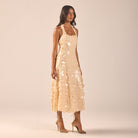 Beige Embellished Halter Neck Sequin Midi Dress - shopaleena