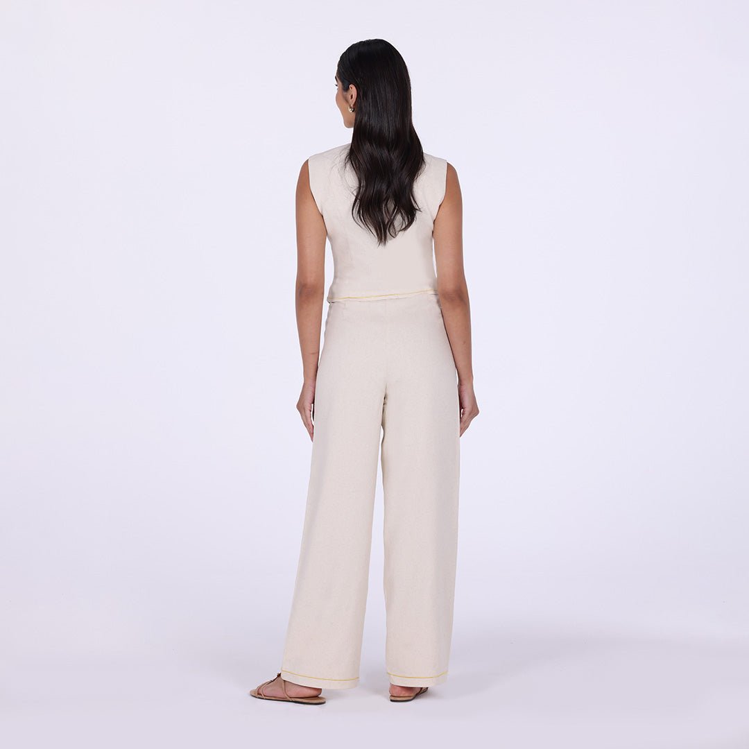 Beige Embroidered Linen Wide Leg Pants - shopaleena