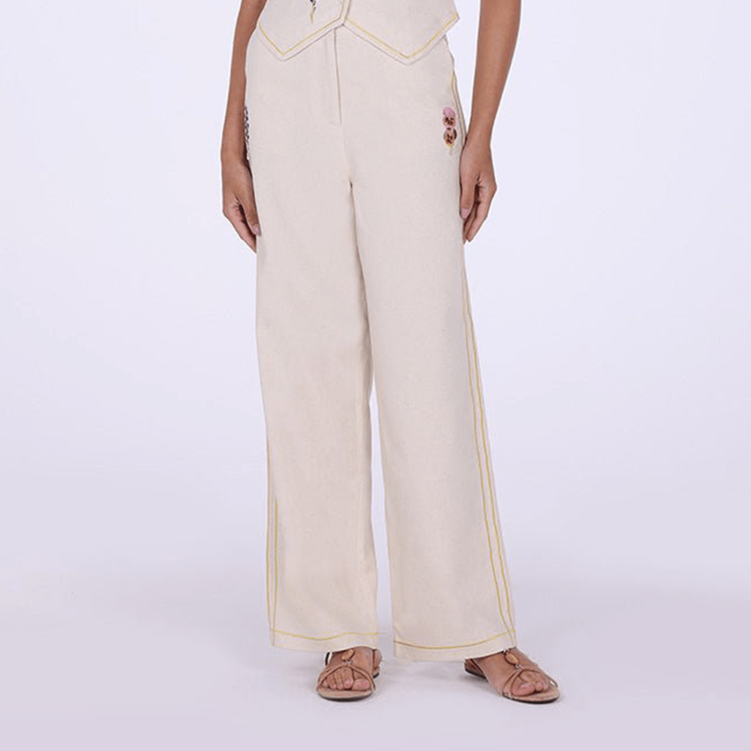 Beige Embroidered Linen Wide Leg Pants - shopaleena