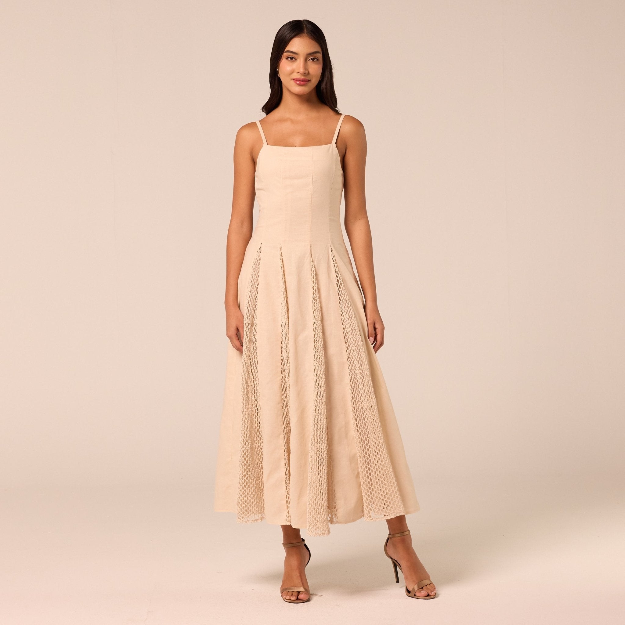 Beige Linen-Cotton Dress with Crochet Godets - shopaleena