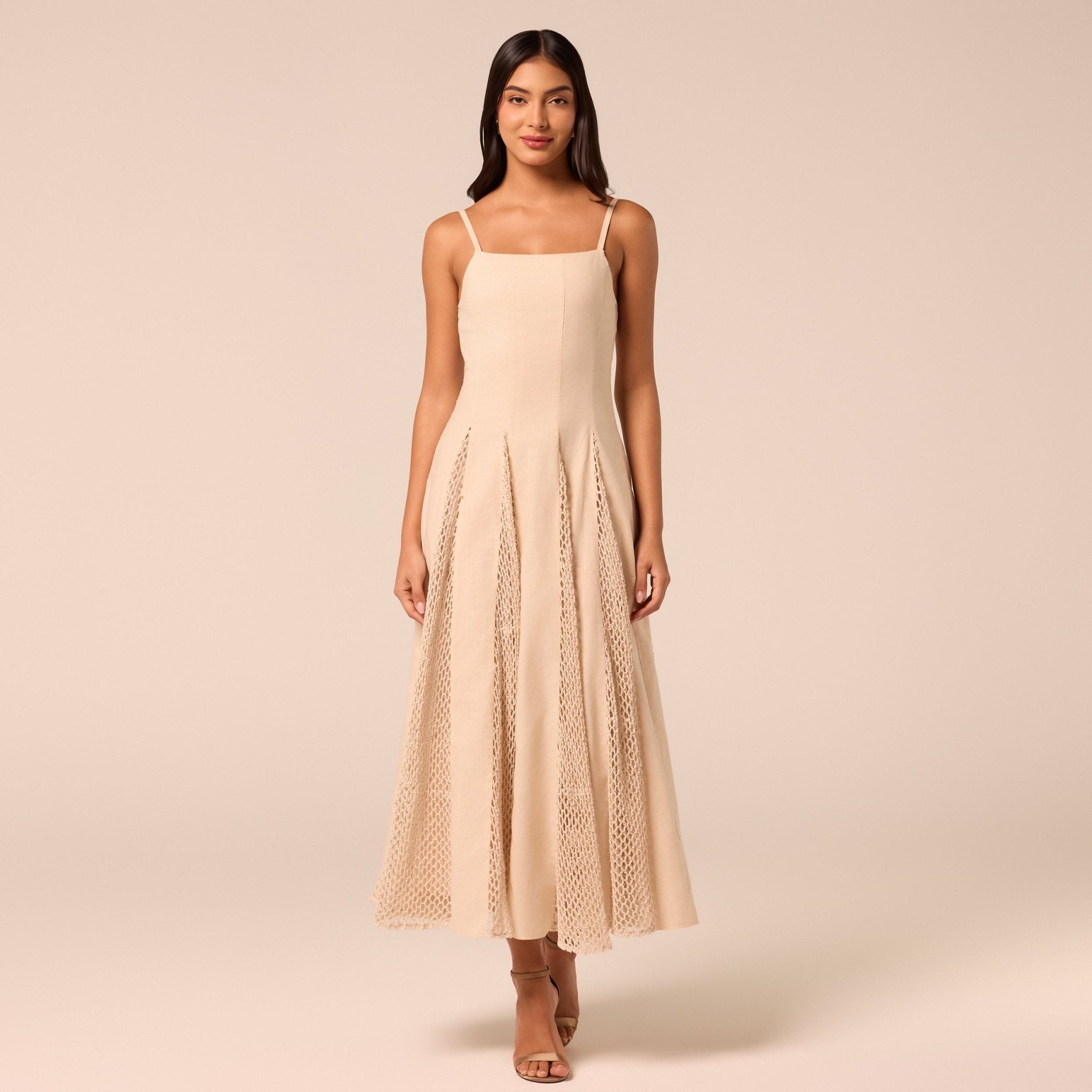 Beige Linen-Cotton Dress with Crochet Godets - shopaleena