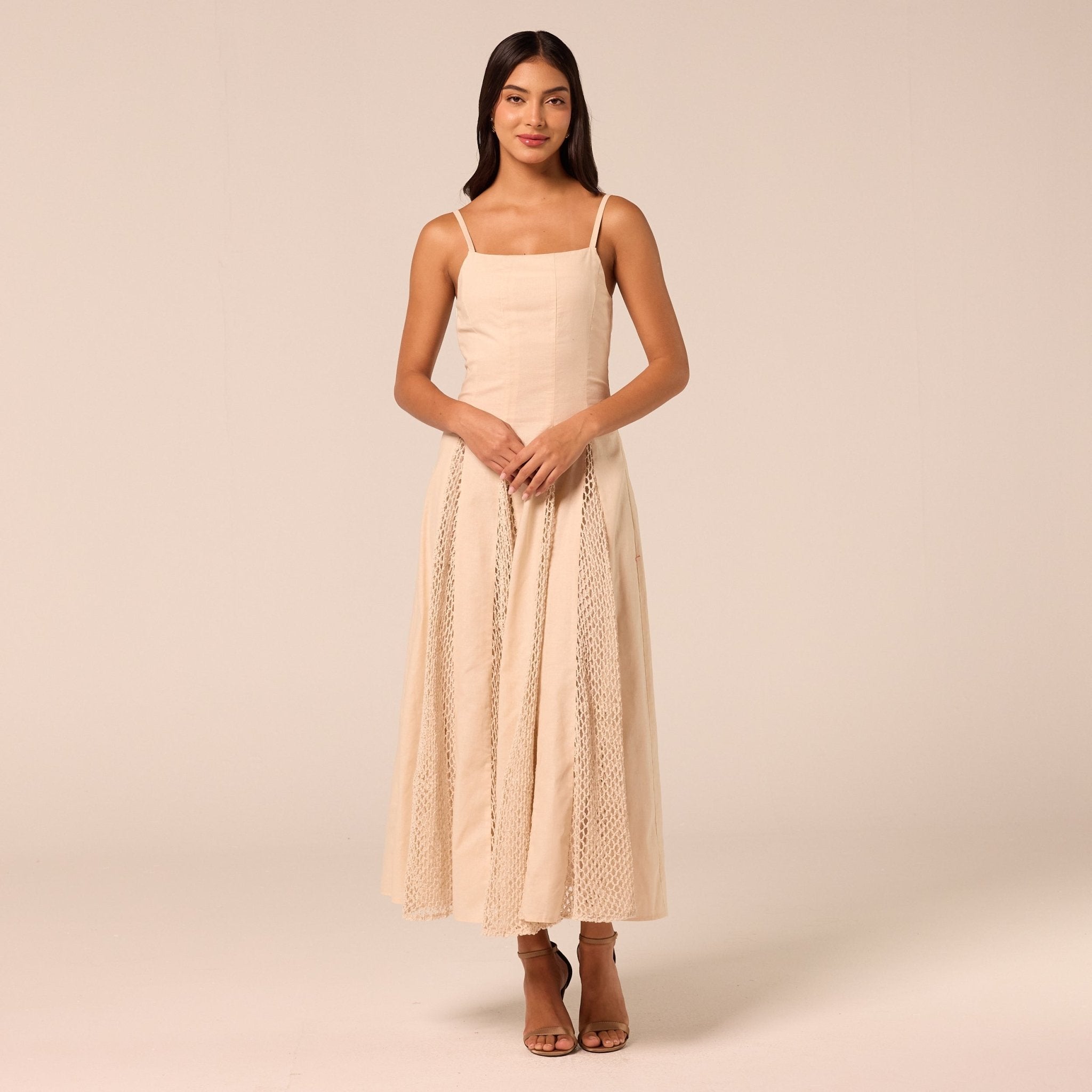 Beige Linen-Cotton Dress with Crochet Godets - shopaleena