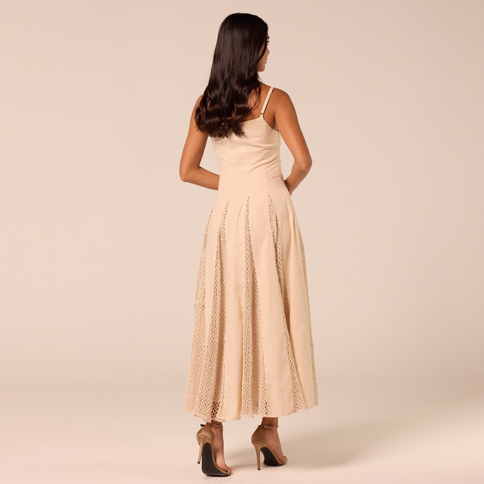 Beige Linen-Cotton Dress with Crochet Godets - shopaleena